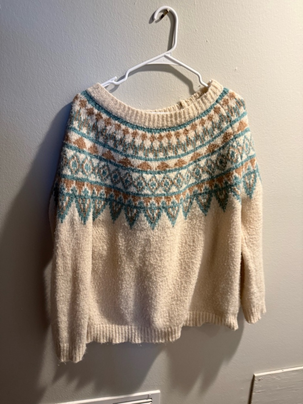 Dreamers Cream Crewneck Sweater with Teal and Brown Fair Isle Yoke